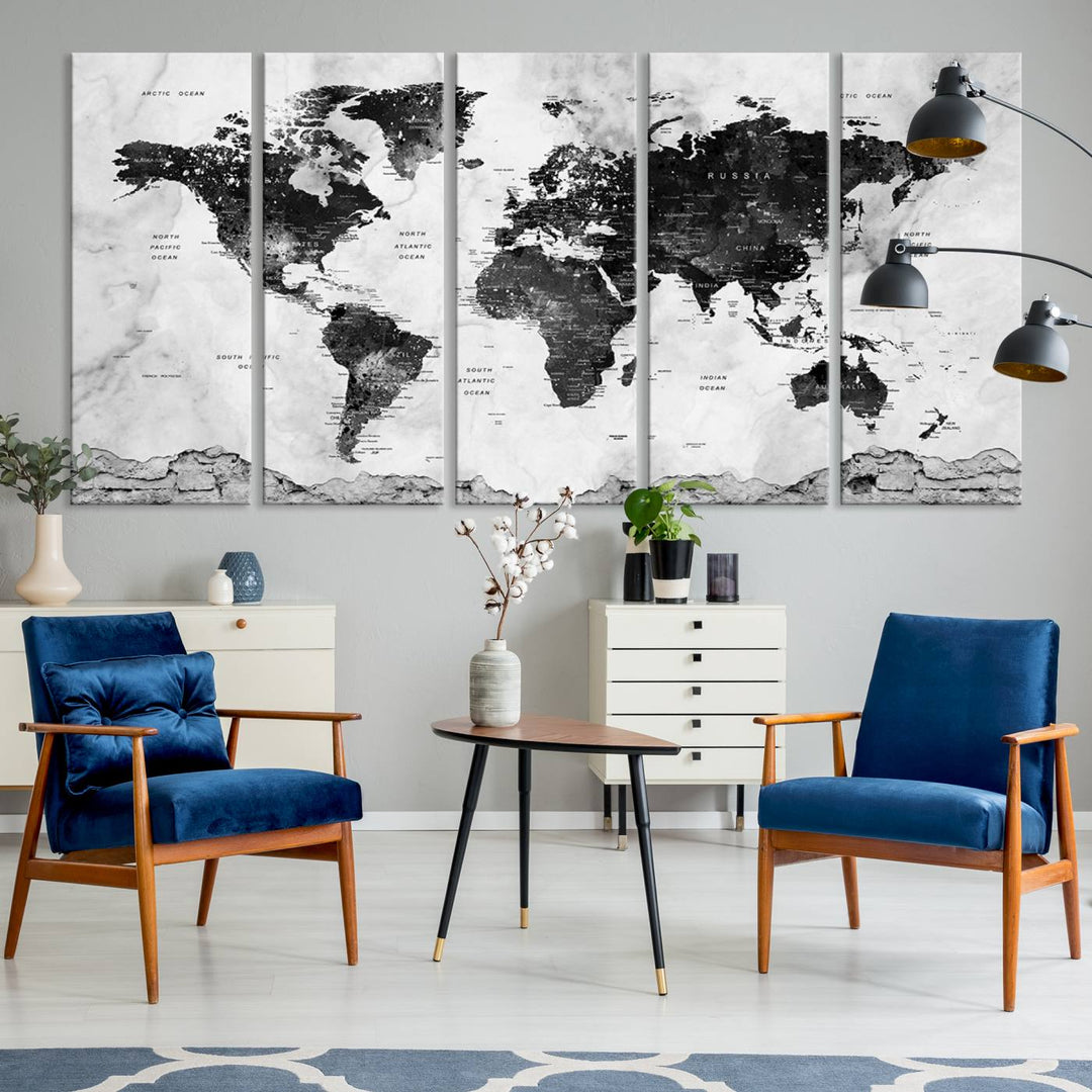 Black World Map Wall Art Multi Panel X-Large Canvas Print for Home Decor