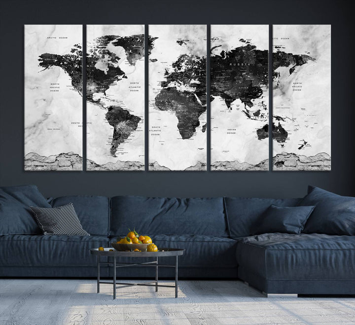 Black World Map Wall Art Multi Panel X-Large Canvas Print for Home Decor