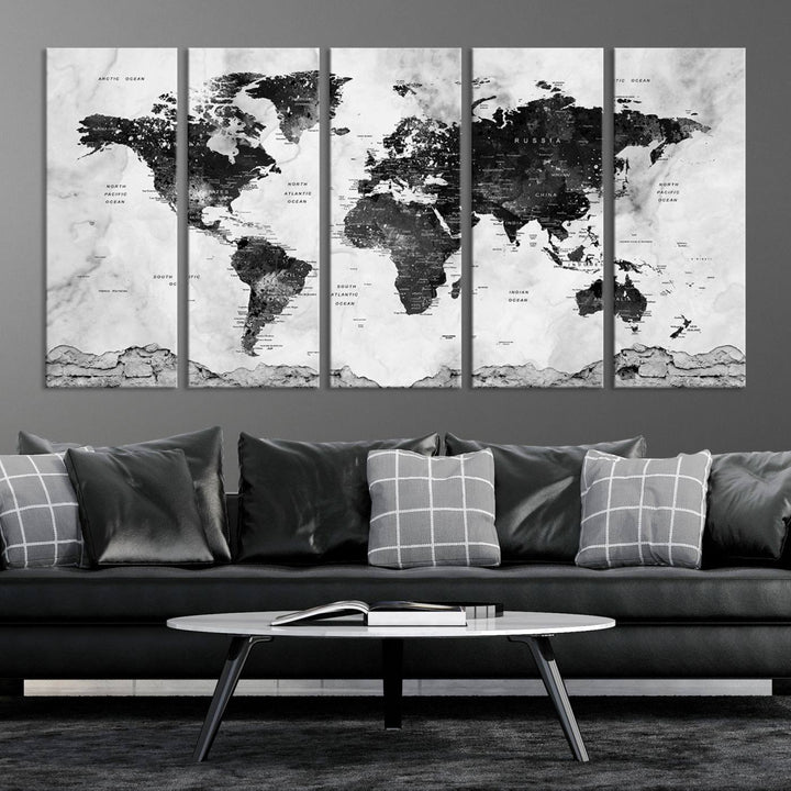 Black World Map Wall Art Multi Panel X-Large Canvas Print for Home Decor