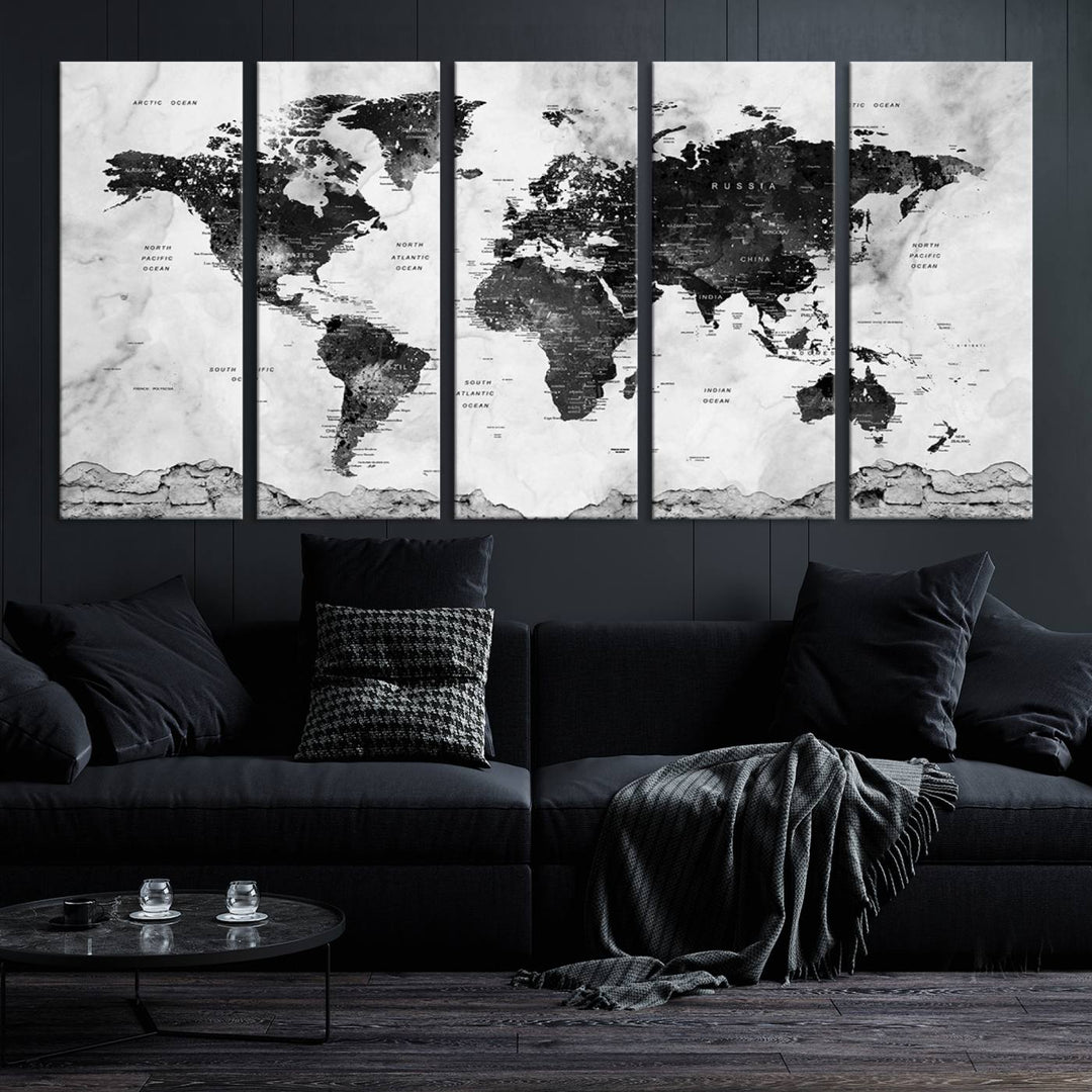 Black World Map Wall Art Multi Panel X-Large Canvas Print for Home Decor