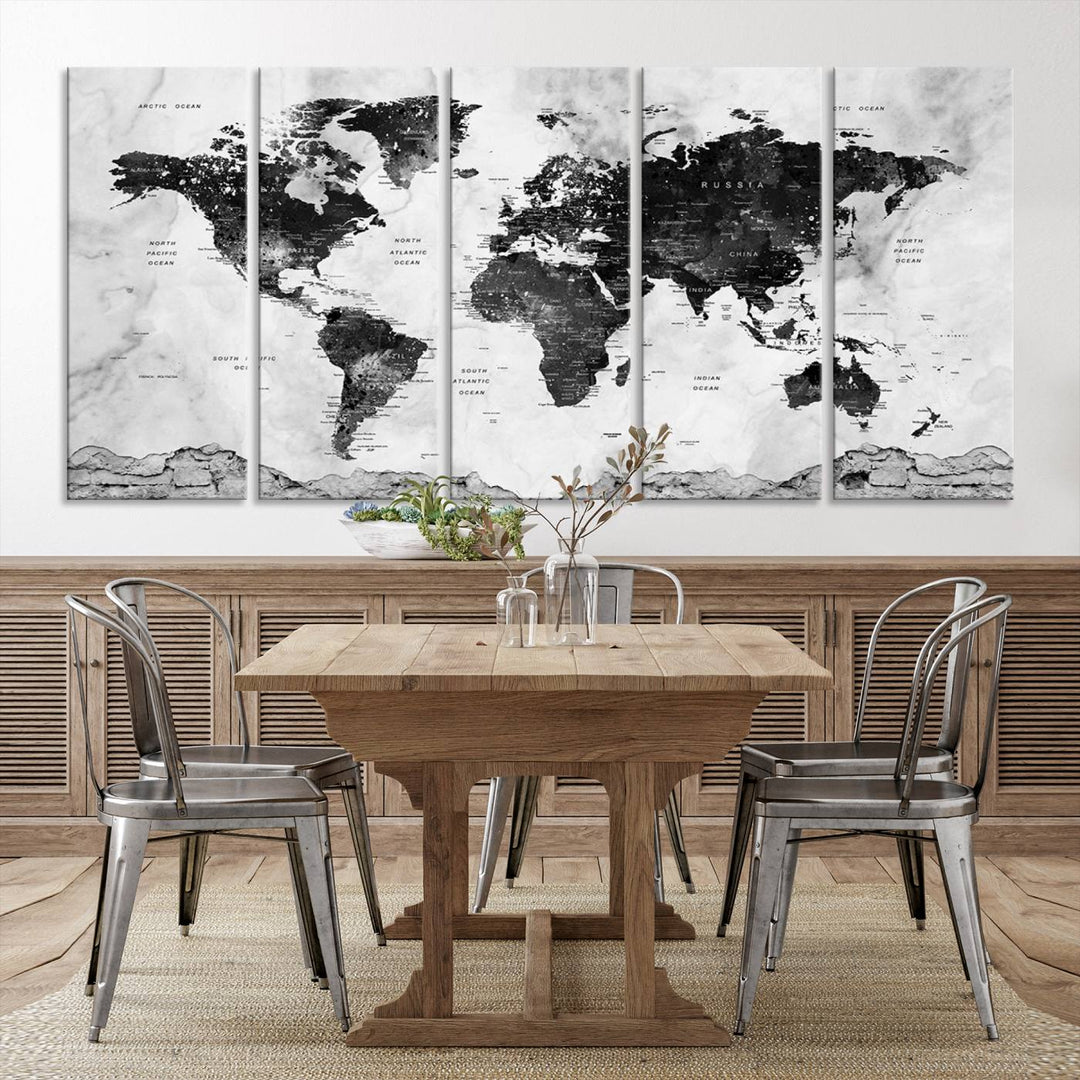 Black World Map Wall Art Multi Panel X-Large Canvas Print for Home Decor