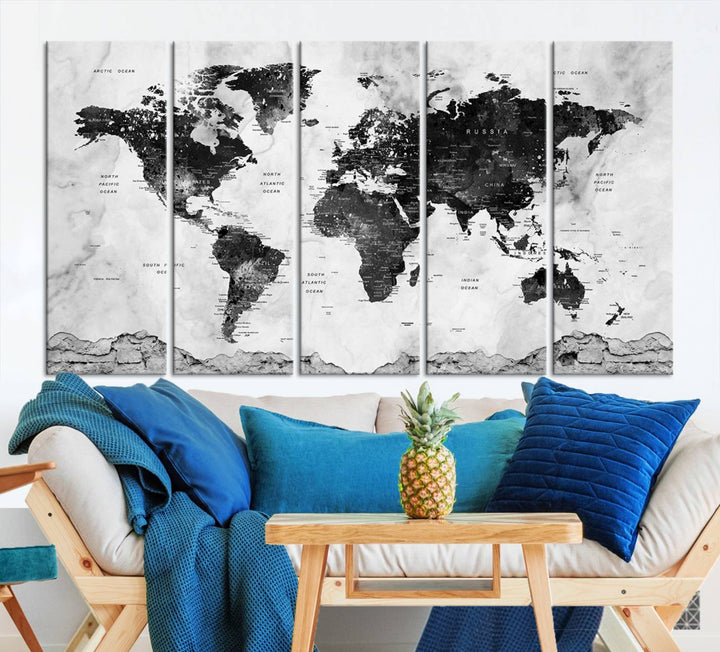 Black World Map Wall Art Multi Panel X-Large Canvas Print for Home Decor