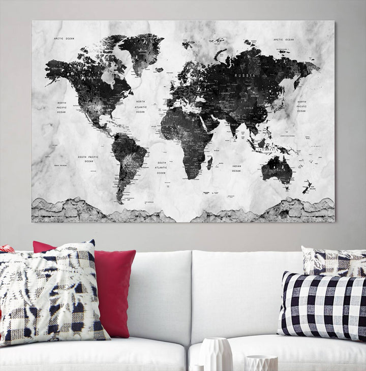 Black World Map Wall Art Multi Panel X-Large Canvas Print for Home Decor