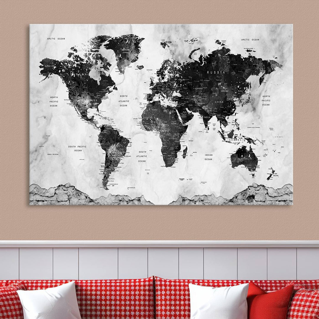 Black World Map Wall Art Multi Panel X-Large Canvas Print for Home Decor