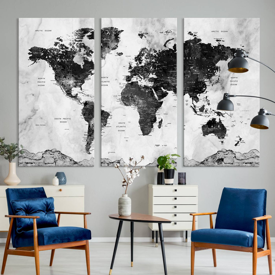 Black World Map Wall Art Multi Panel X-Large Canvas Print for Home Decor