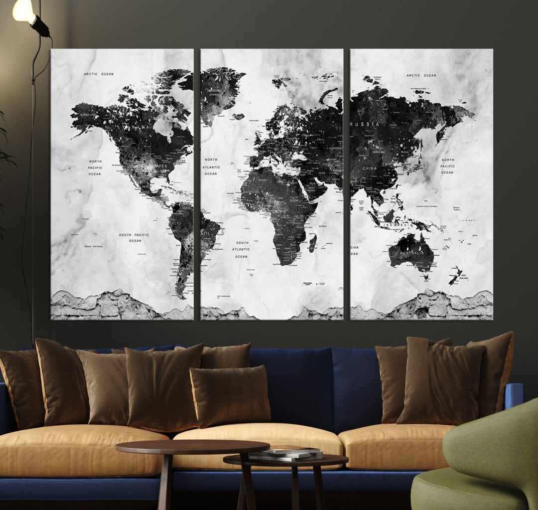 Black World Map Wall Art Multi Panel X-Large Canvas Print for Home Decor