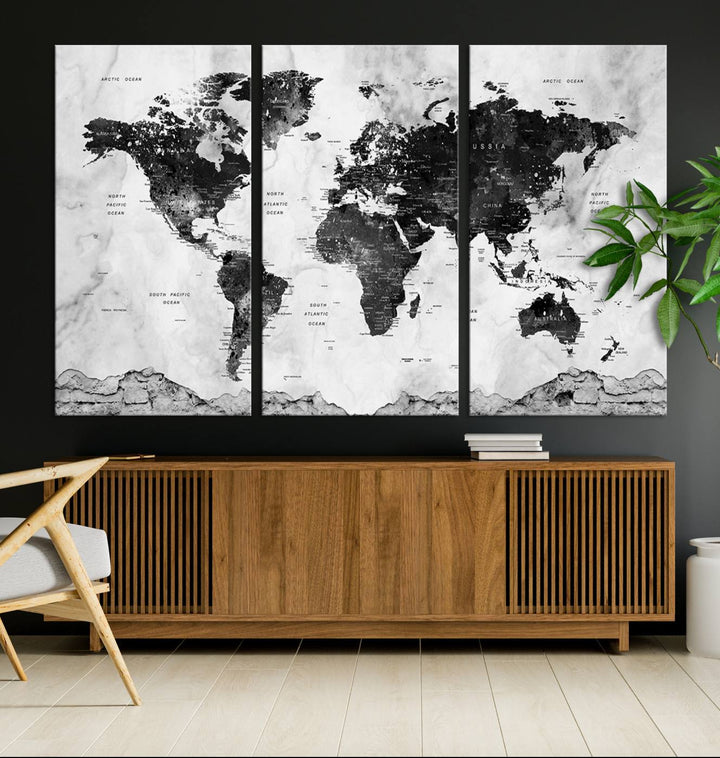 Black World Map Wall Art Multi Panel X-Large Canvas Print for Home Decor