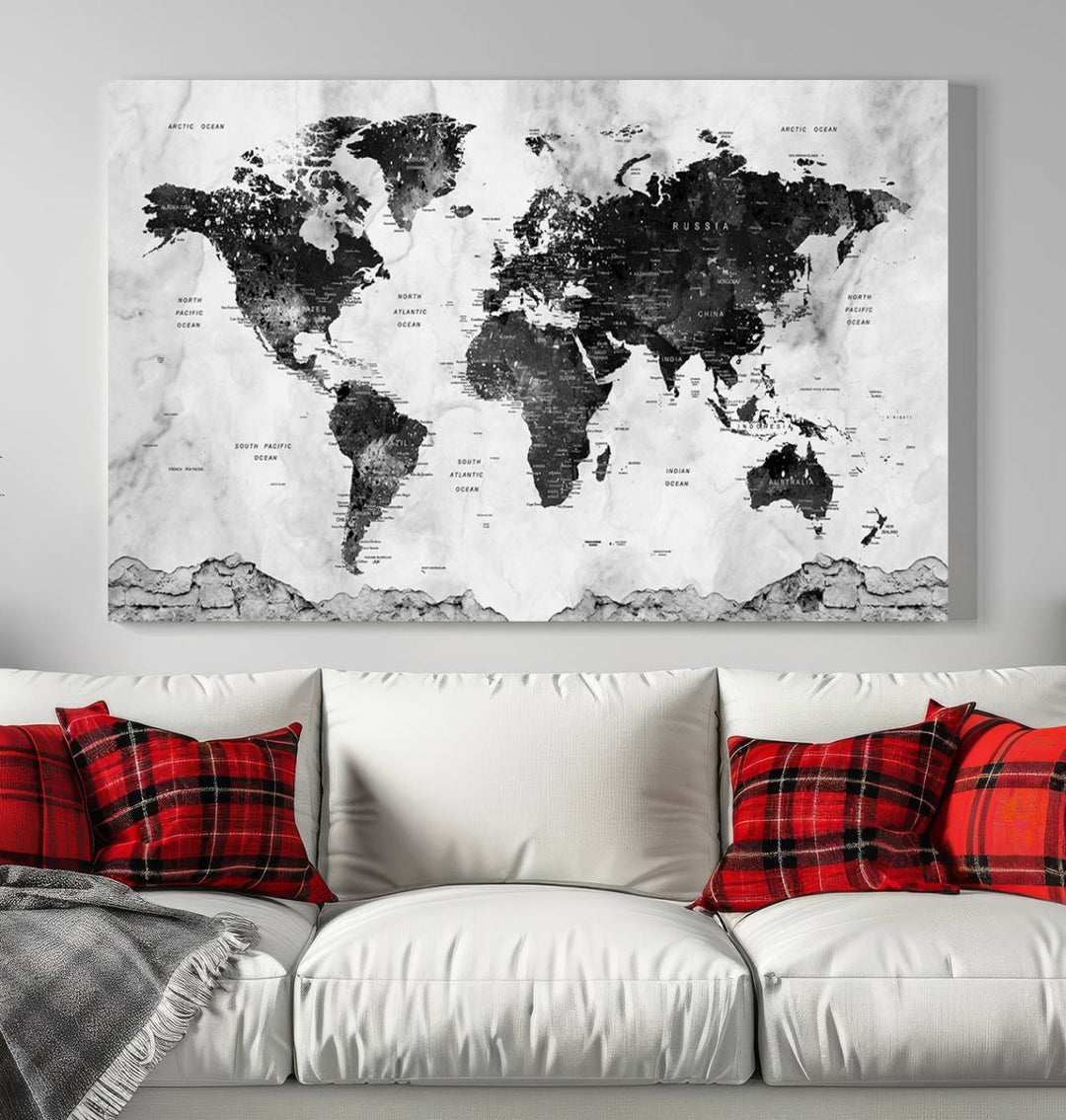 Black World Map Wall Art Multi Panel X-Large Canvas Print for Home Decor