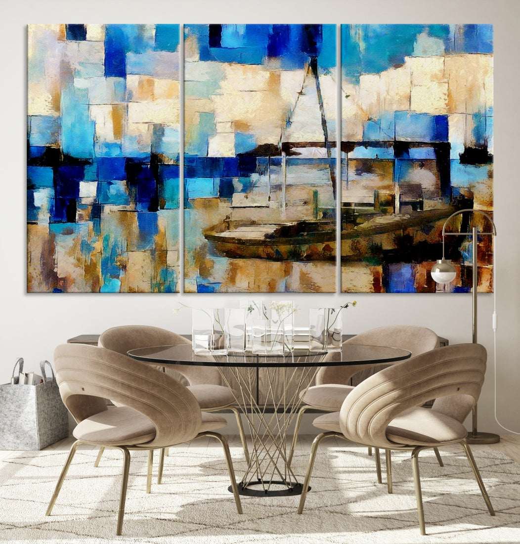 Blue Abstract Boat Painting on Canvas Nautical Art Print Soft Wall Decoration