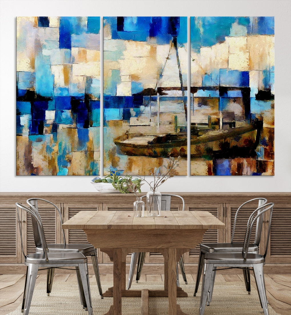 Blue Abstract Boat Painting on Canvas Nautical Art Print Soft Wall Decoration