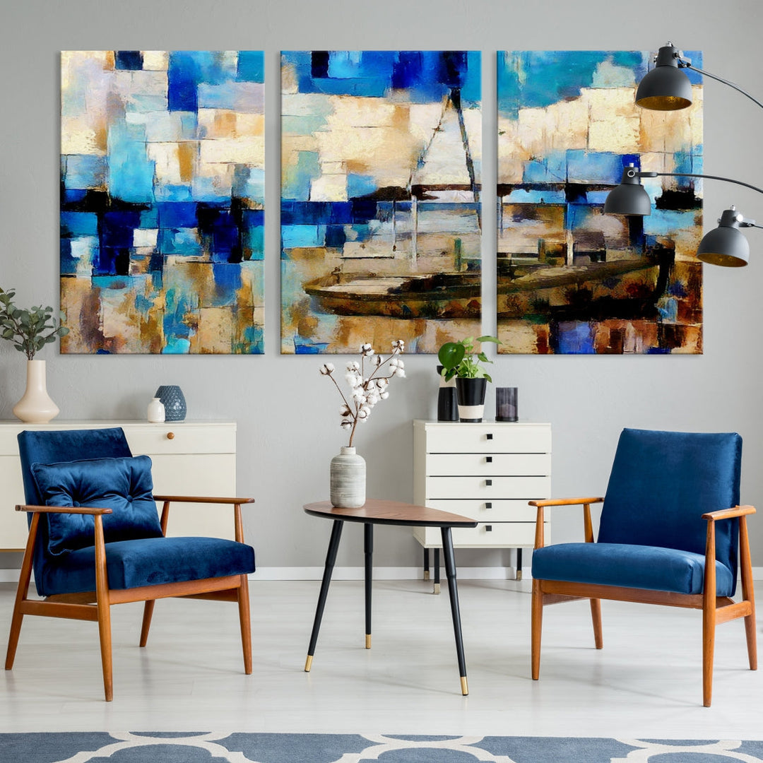 Blue Abstract Boat Painting on Canvas Nautical Art Print Soft Wall Decoration