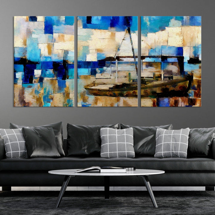 Blue Abstract Boat Painting on Canvas Nautical Art Print Soft Wall Decoration