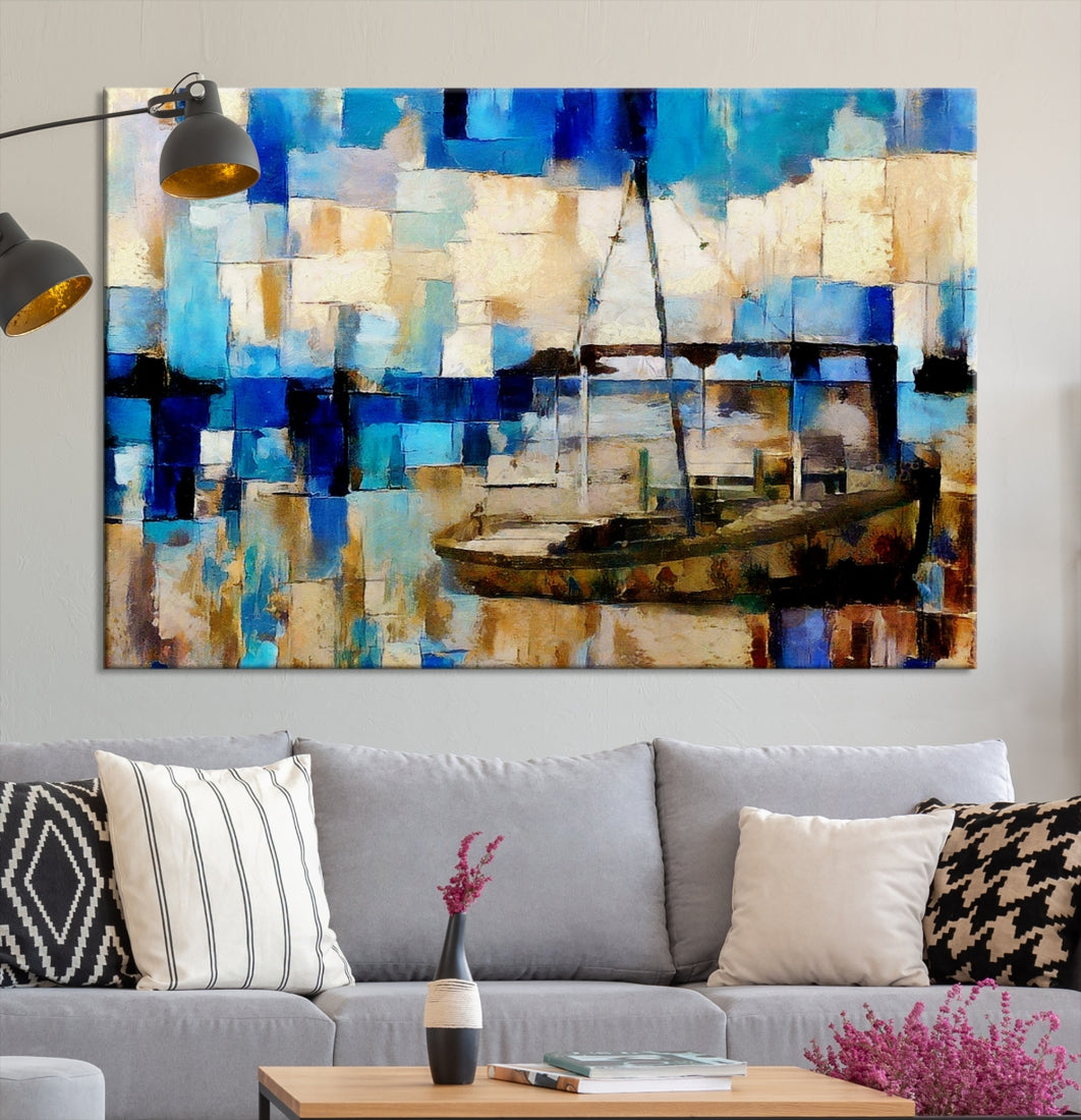 Blue Abstract Boat Painting on Canvas Nautical Art Print Soft Wall Decoration