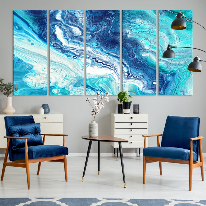 Blue Abstract Nautical Modern Painting on Canvas Large Wall Art Print