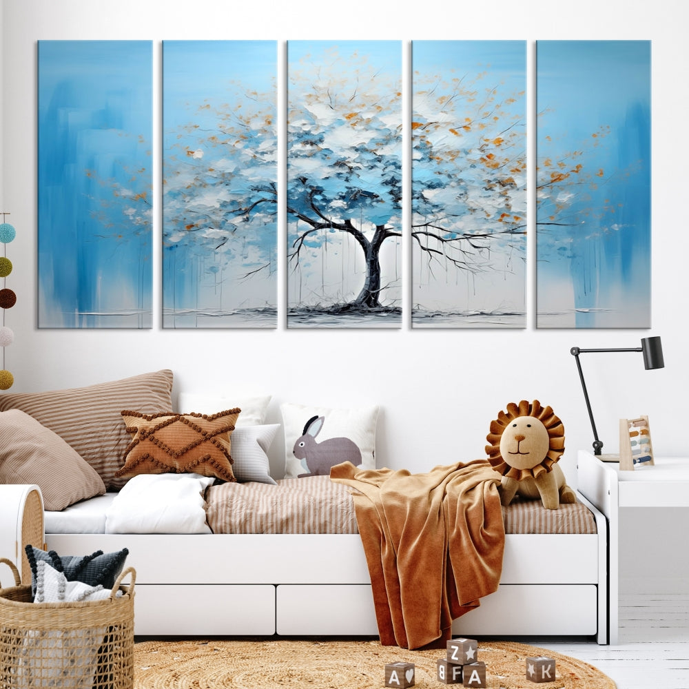 Blue Abstract Tree Canvas Wall Art Print White Flowers Painting Framed Set of