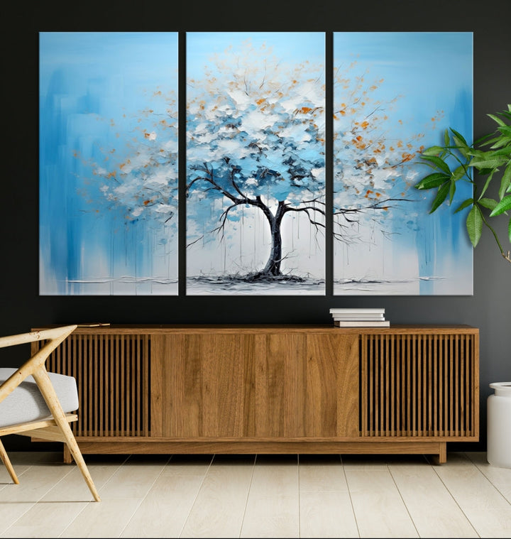 Blue Abstract Tree Canvas Wall Art Print White Flowers Painting Framed Set of