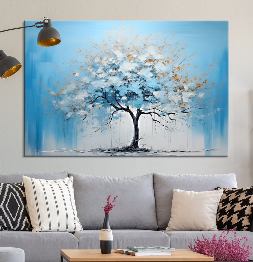 Blue Abstract Tree Canvas Wall Art Print White Flowers Painting Framed Set of