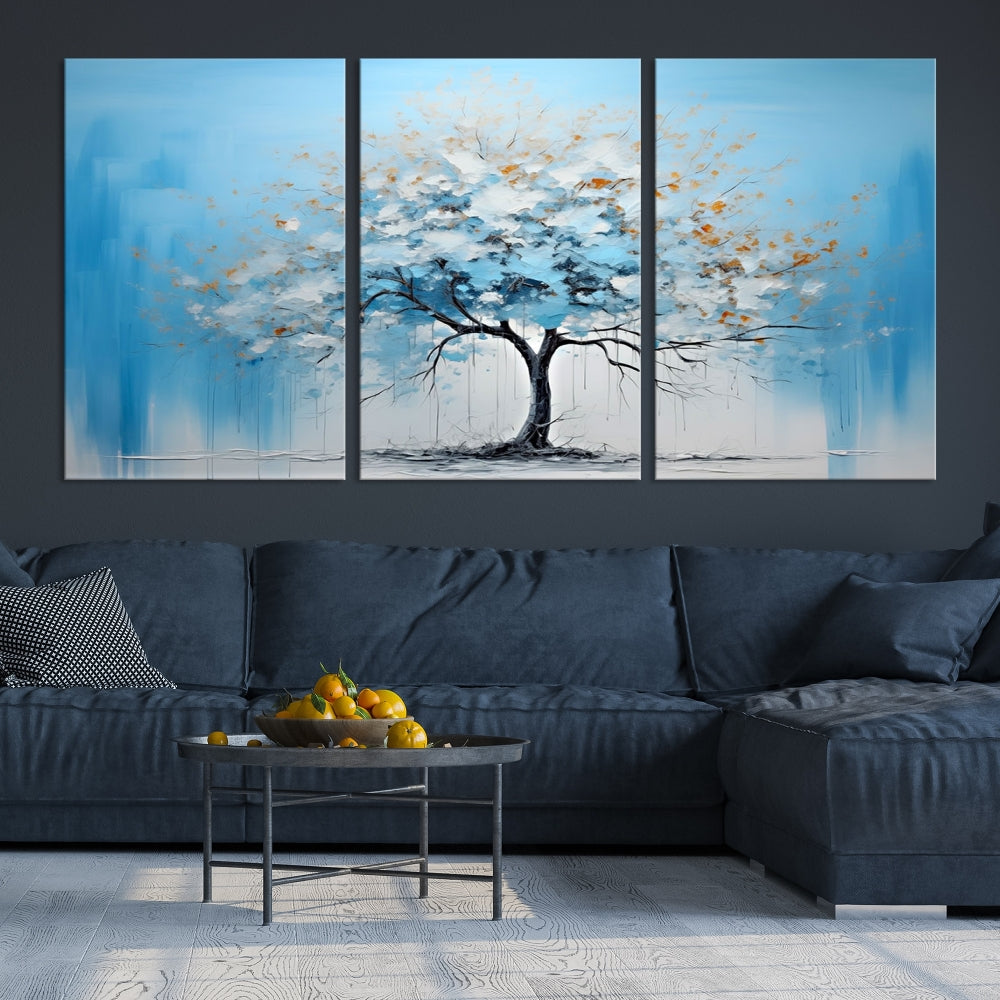 Blue Abstract Tree Canvas Wall Art Print White Flowers Painting Framed Set of