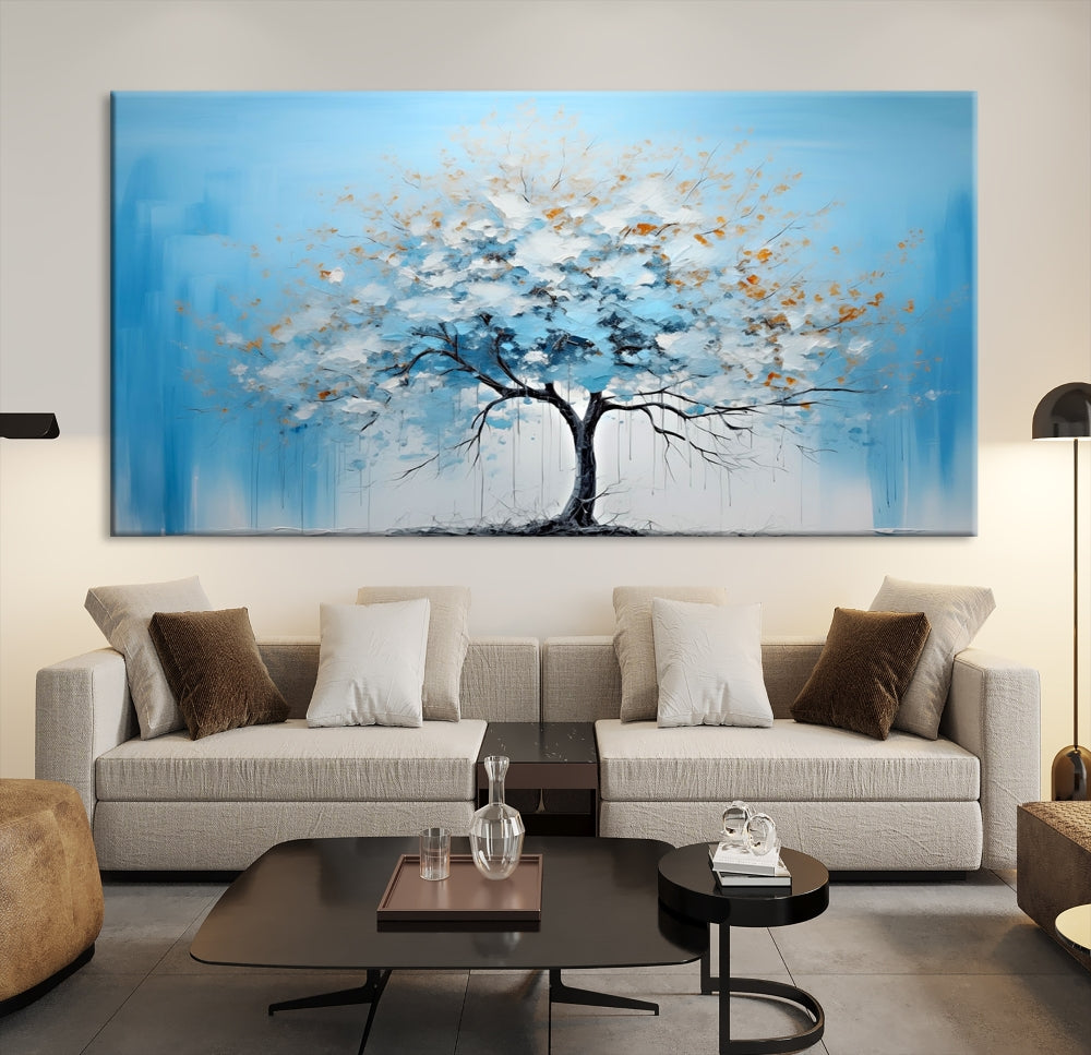 Blue Abstract Tree Canvas Wall Art Print White Flowers Painting Framed Set of