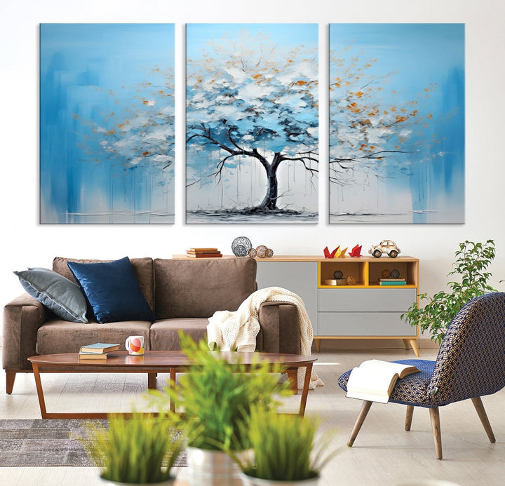 Blue Abstract Tree Canvas Wall Art Print White Flowers Painting Framed Set of