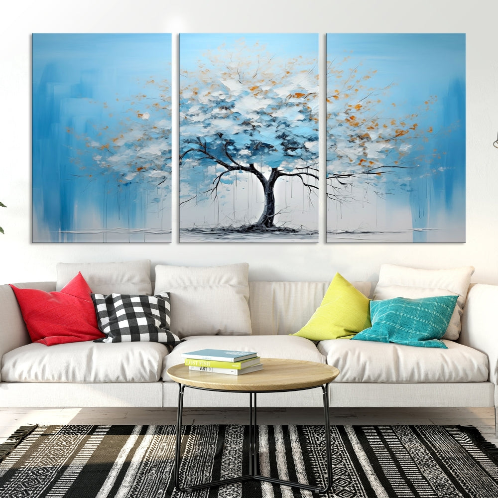 Blue Abstract Tree Canvas Wall Art Print White Flowers Painting Framed Set of