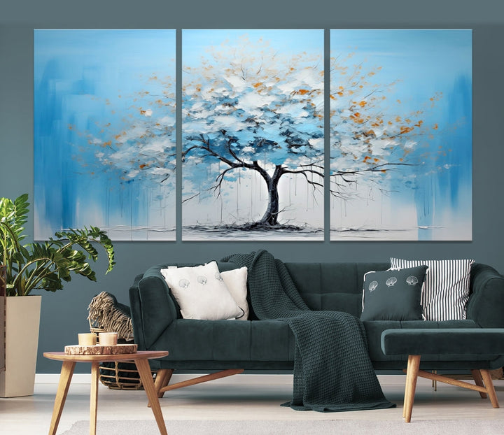 Blue Abstract Tree Canvas Wall Art Print White Flowers Painting Framed Set of