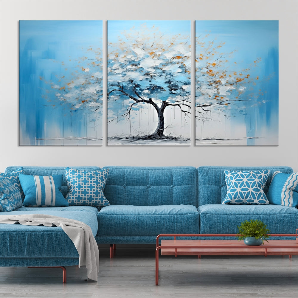 Blue Abstract Tree Canvas Wall Art Print White Flowers Painting Framed Set of