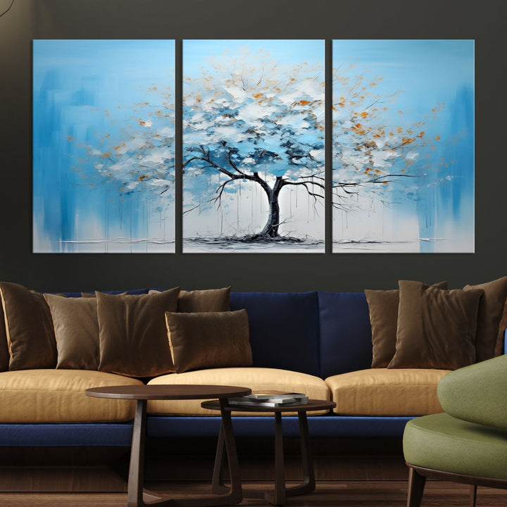 Blue Abstract Tree Canvas Wall Art Print White Flowers Painting Framed Set of