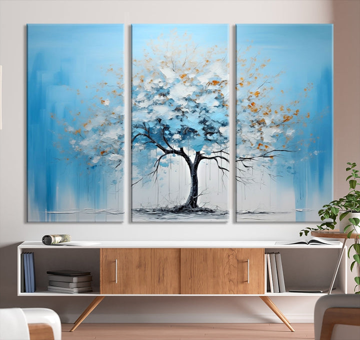 Blue Abstract Tree Canvas Wall Art Print White Flowers Painting Framed Set of