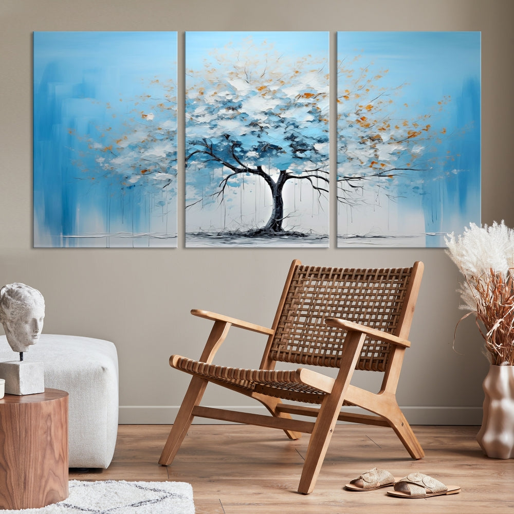 Blue Abstract Tree Canvas Wall Art Print White Flowers Painting Framed Set of