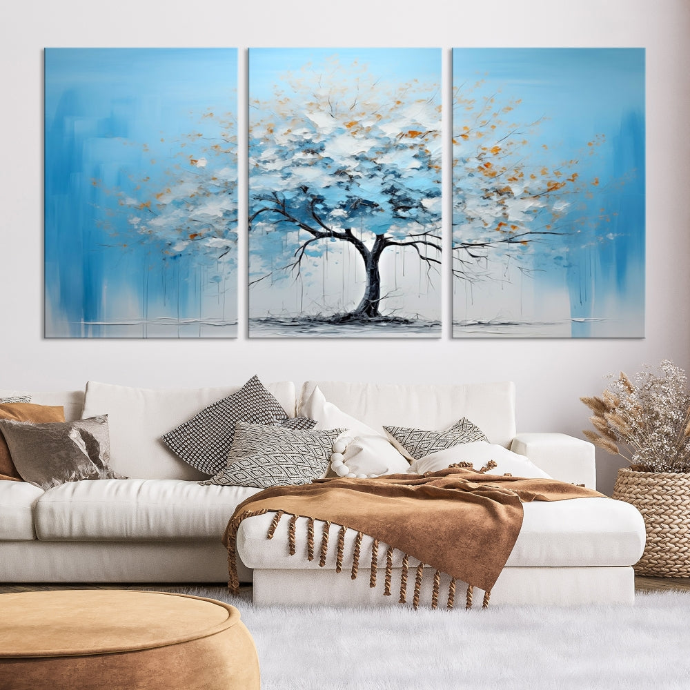 Blue Abstract Tree Canvas Wall Art Print White Flowers Painting Framed Set of