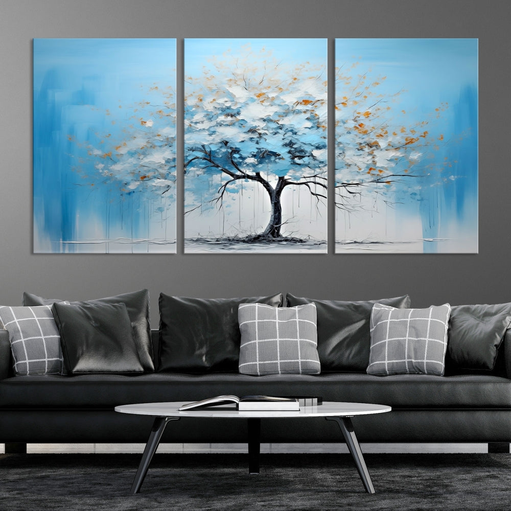 Blue Abstract Tree Canvas Wall Art Print White Flowers Painting Framed Set of