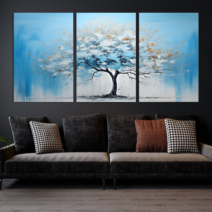 Blue Abstract Tree Canvas Wall Art Print White Flowers Painting Framed Set of