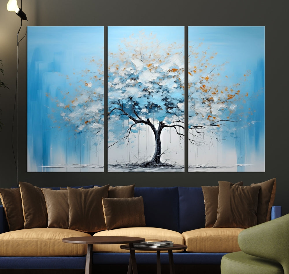 Blue Abstract Tree Canvas Wall Art Print White Flowers Painting Framed Set of