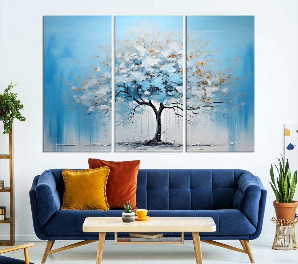 Blue Abstract Tree Canvas Wall Art Print White Flowers Painting Framed Set of