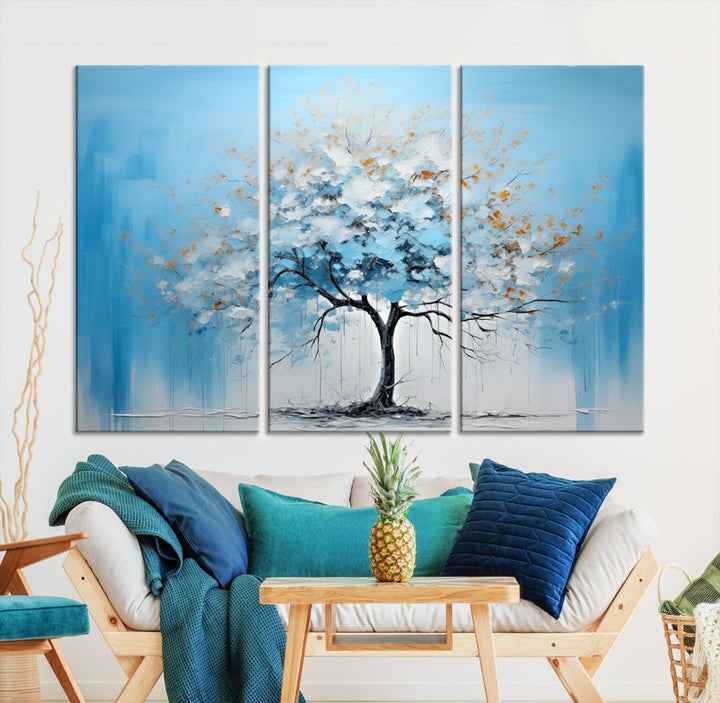 Blue Abstract Tree Canvas Wall Art Print White Flowers Painting Framed Set of