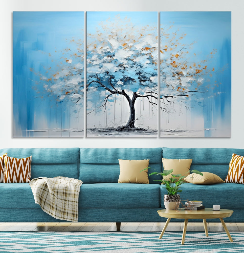 Blue Abstract Tree Canvas Wall Art Print White Flowers Painting Framed Set of