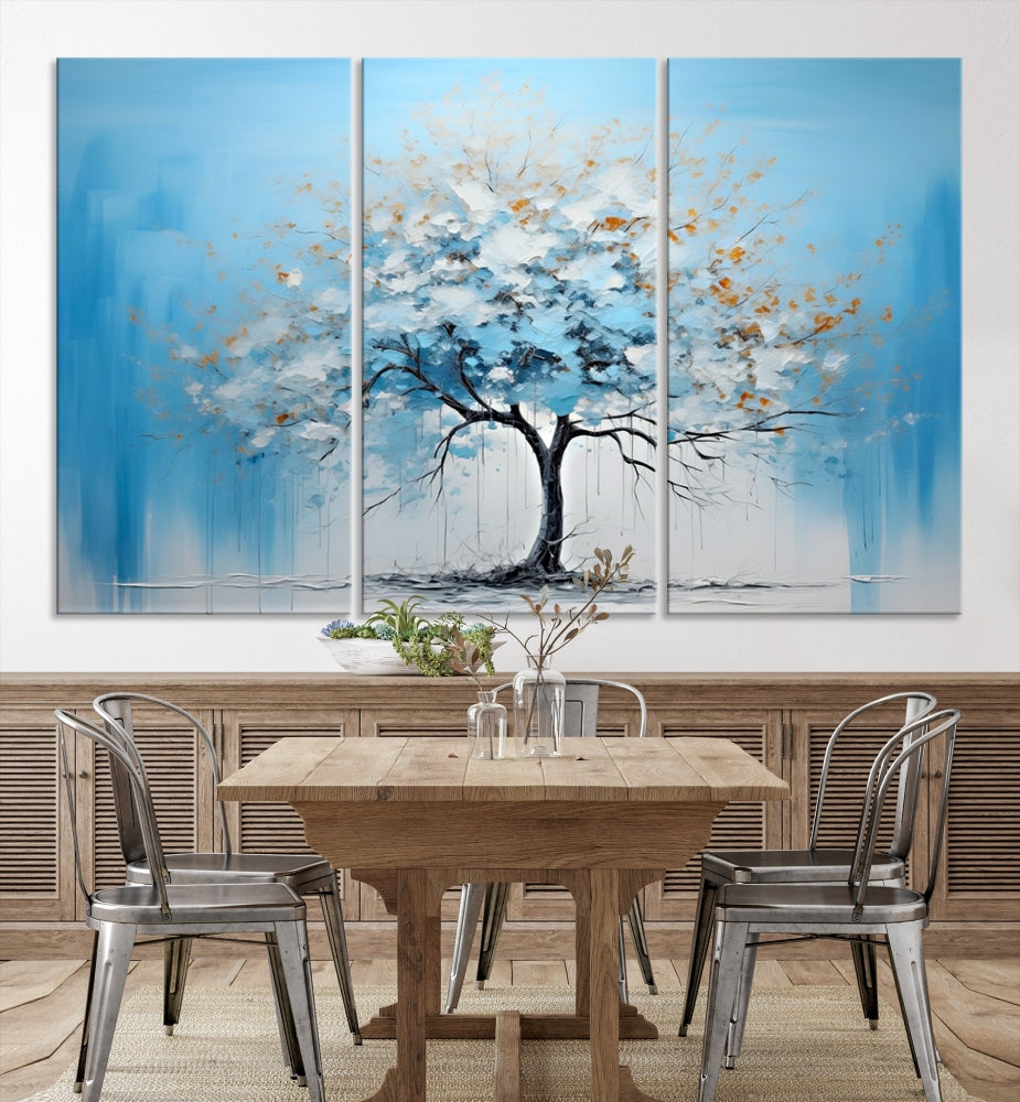 Blue Abstract Tree Canvas Wall Art Print White Flowers Painting Framed Set of