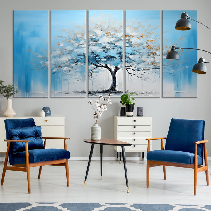 Blue Abstract Tree Canvas Wall Art Print White Flowers Painting Framed Set of