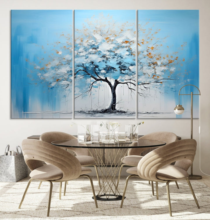 Blue Abstract Tree Canvas Wall Art Print White Flowers Painting Framed Set of