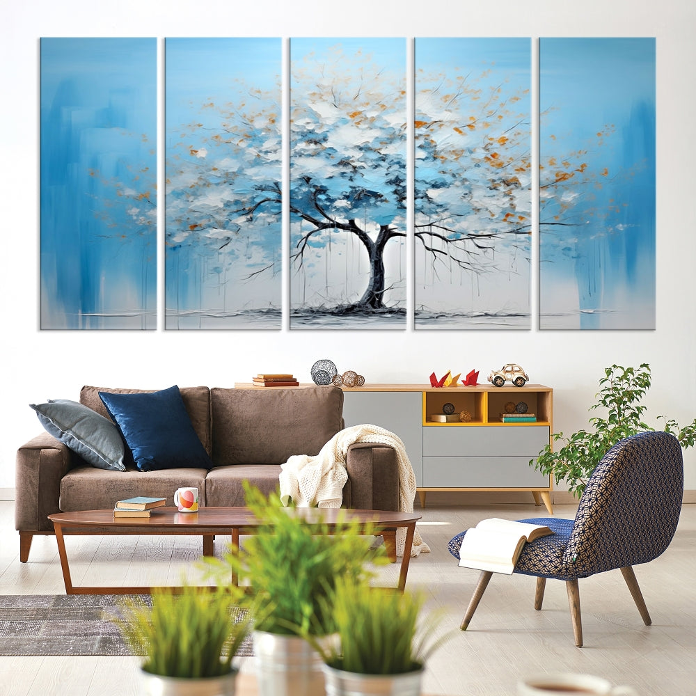 Blue Abstract Tree Canvas Wall Art Print White Flowers Painting Framed Set of