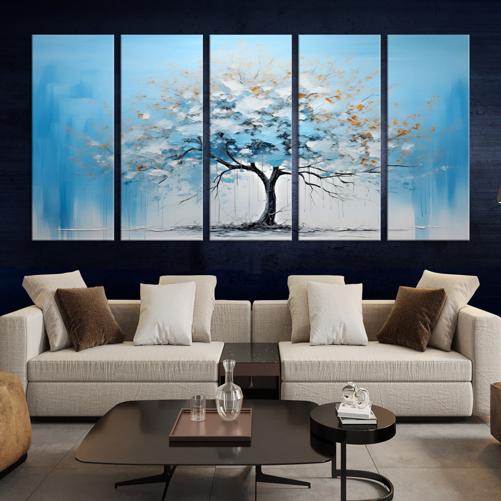 Blue Abstract Tree Canvas Wall Art Print White Flowers Painting Framed Set of