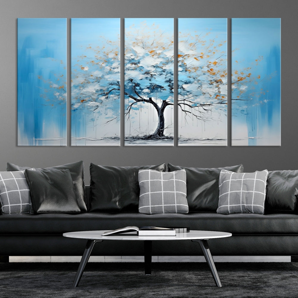 Blue Abstract Tree Canvas Wall Art Print White Flowers Painting Framed Set of