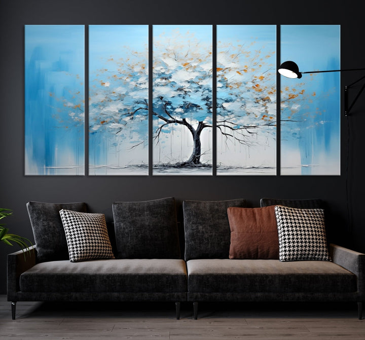 Blue Abstract Tree Canvas Wall Art Print White Flowers Painting Framed Set of