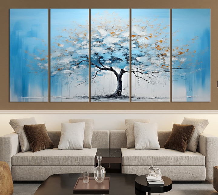 Blue Abstract Tree Canvas Wall Art Print White Flowers Painting Framed Set of