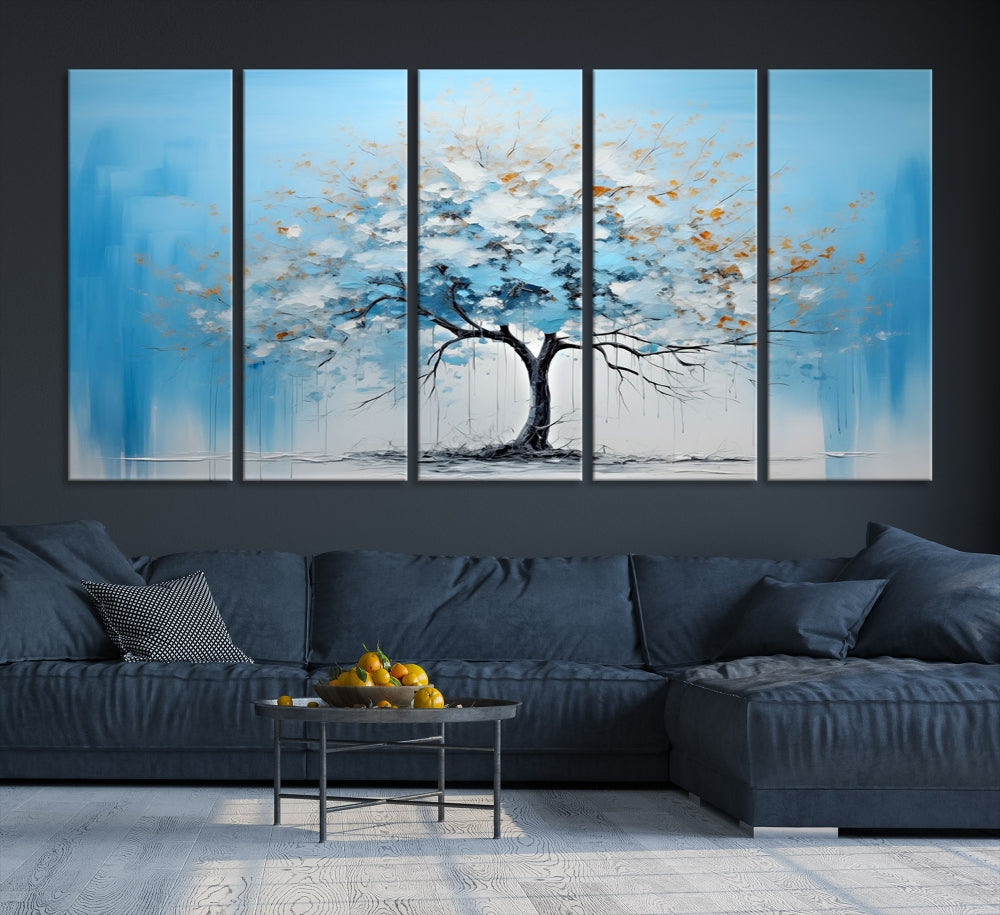 Blue Abstract Tree Canvas Wall Art Print White Flowers Painting Framed Set of