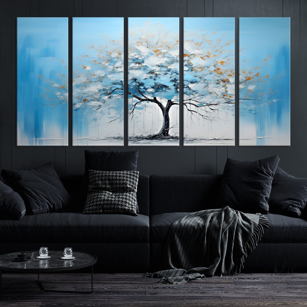 Blue Abstract Tree Canvas Wall Art Print White Flowers Painting Framed Set of