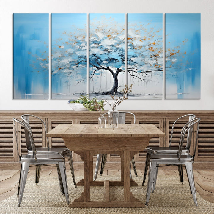 Blue Abstract Tree Canvas Wall Art Print White Flowers Painting Framed Set of