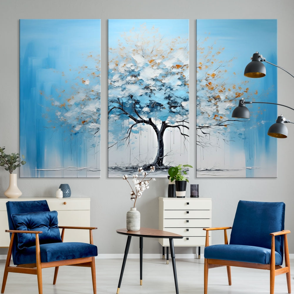 Blue Abstract Tree Canvas Wall Art Print White Flowers Painting Framed Set of