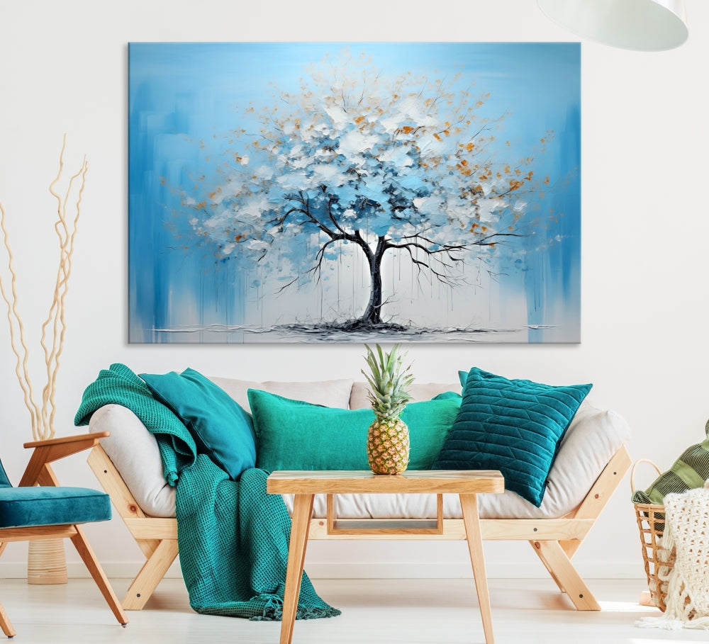 Blue Abstract Tree Canvas Wall Art Print White Flowers Painting Framed Set of